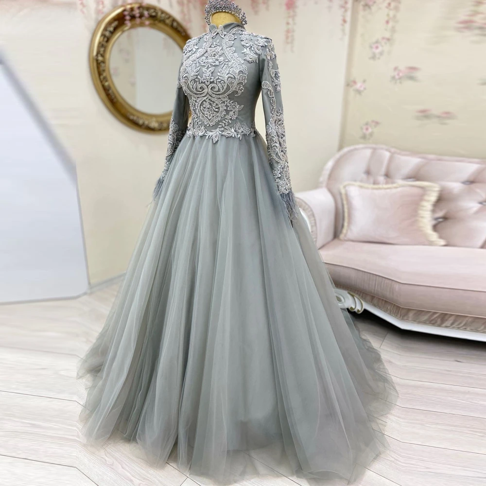 

Gray Muslim Evening Dresses A-Line Tulle Appliques Lace Long Sleeve Engagement Formal Dress Dubai Arabic Prom Gown