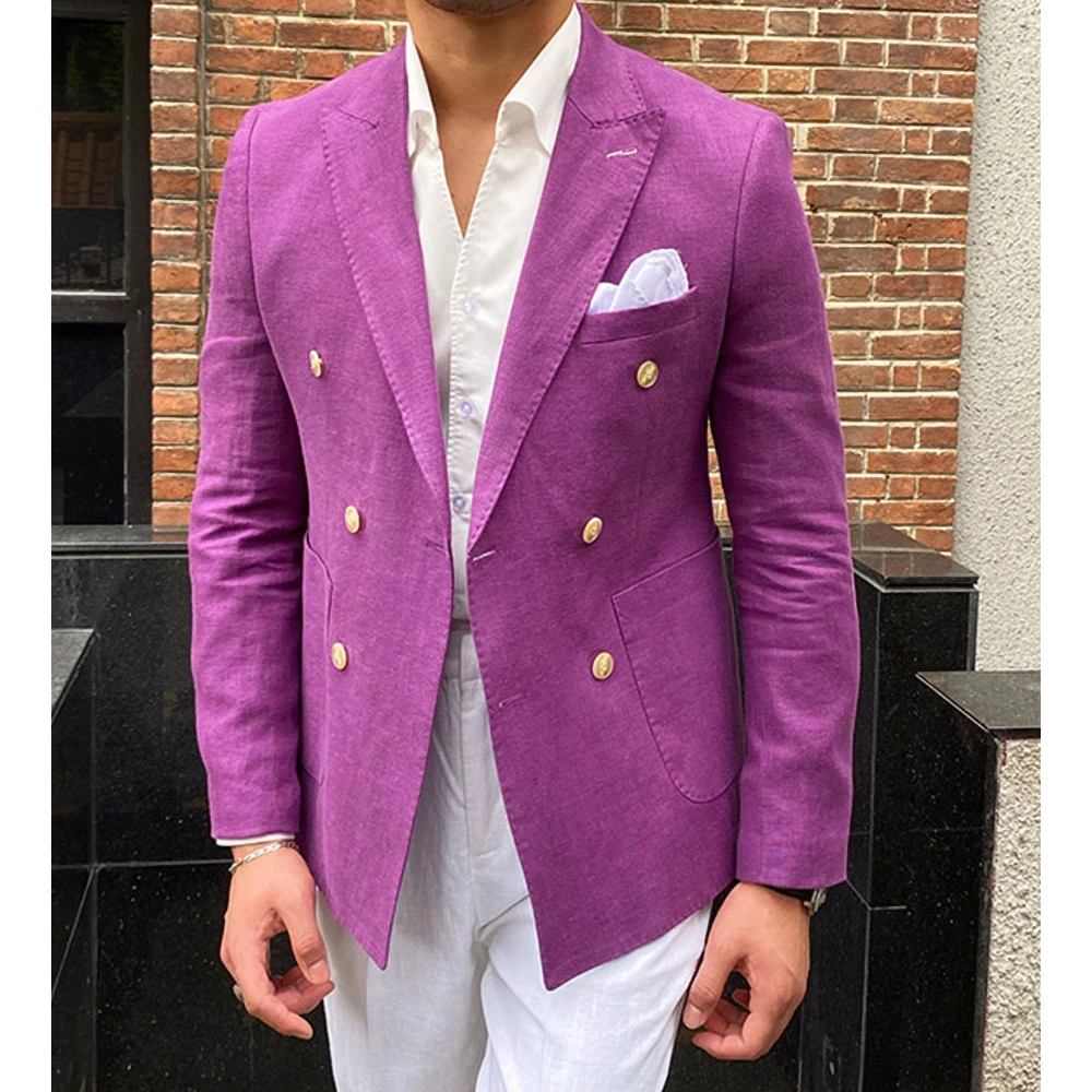 Linen Men Blazer Casual Double Breasted Suit Jacket