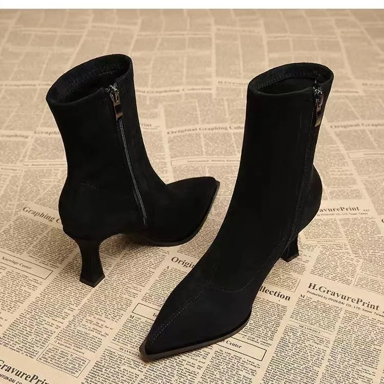 Ankle Boots Women Chunky Mid Heels Suede Shoes Woman Pointed Toe 2025 Trend Winter New Goth Walking Snow Chelsea Botas De Mujer