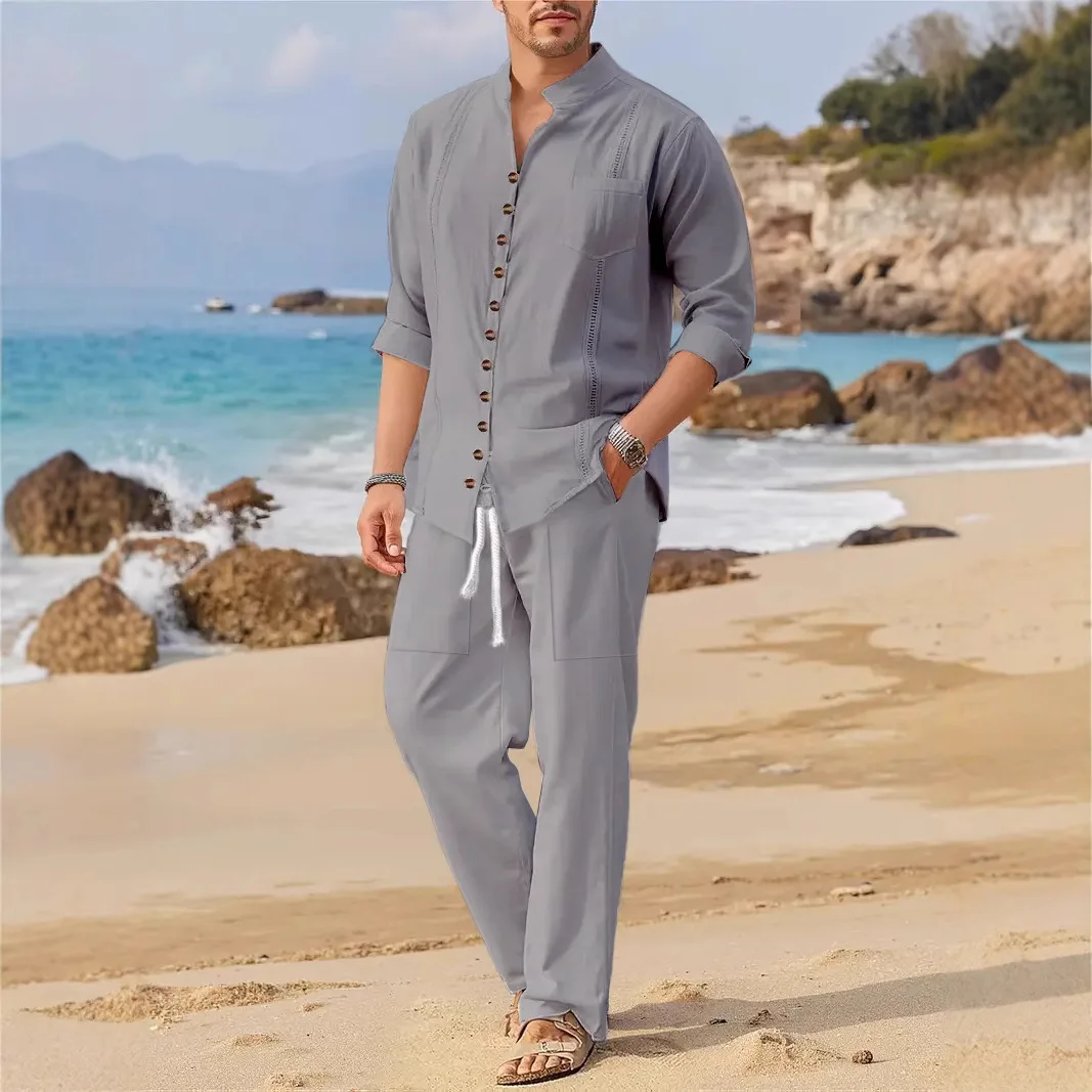 2025 Spring and autumn Cuban style fashion men's shirt trend casual multi-button stand collar loose long sleeve pants beach suit 2