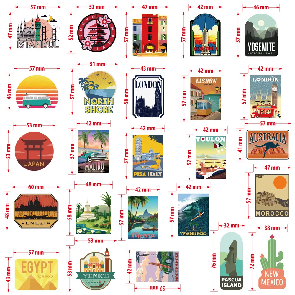 Vibrant Cityscape Travel Stickers - Creative DIY Decor Set (50 Pieces)