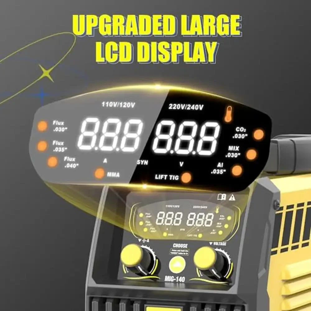 Multi-Process Aluminum MIG Welder Gas/Gasless Flux Core Stick TIG Welding Machine LCD Display Kit 4