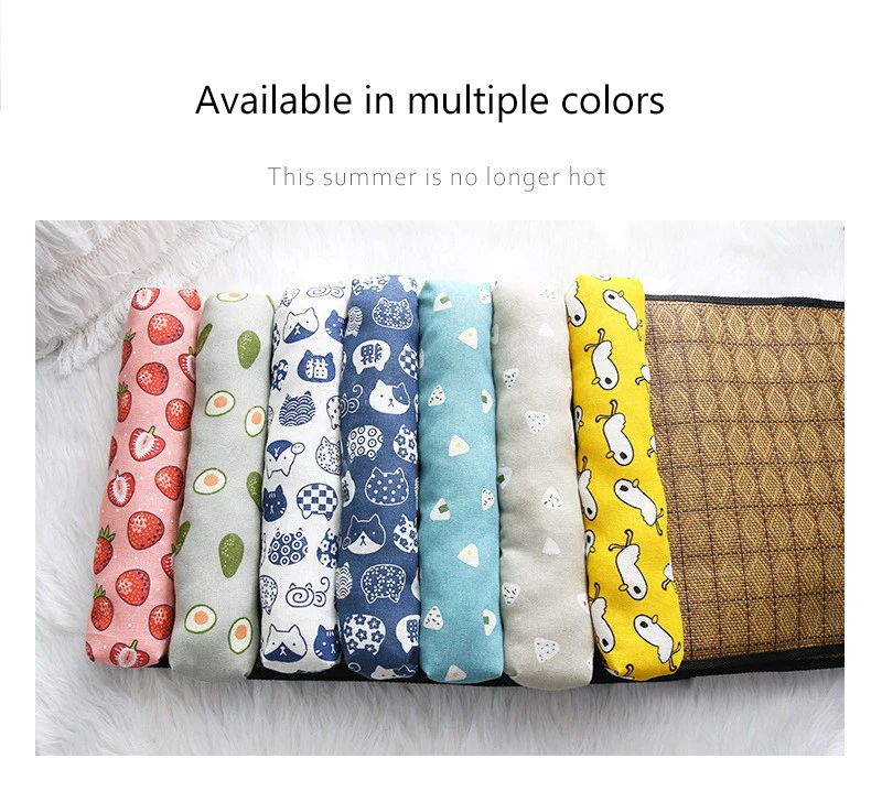 Seven Natural Rattan Cat Sleeping Mats by KittyNook Cat Co. and a brown minimalist cat bed on a white surface.