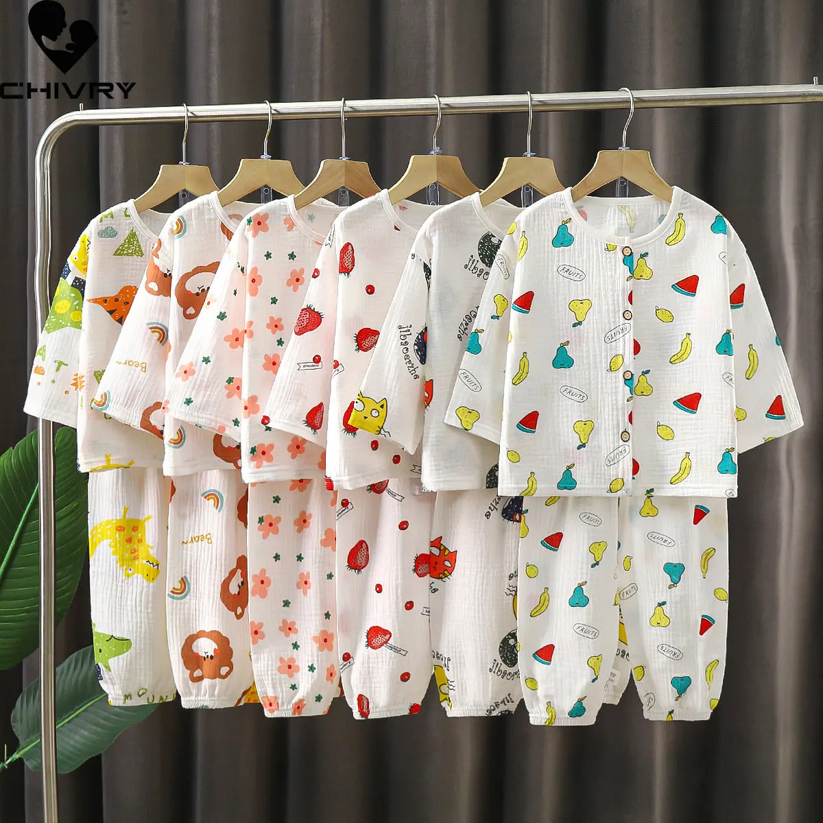 

Kids Boys Girls Thin Pajamas Summer Cotton Yarn Cartoon Dinosaur T Shirt Tops with Pants Baby Sleepwear Homewear Clothes Sets