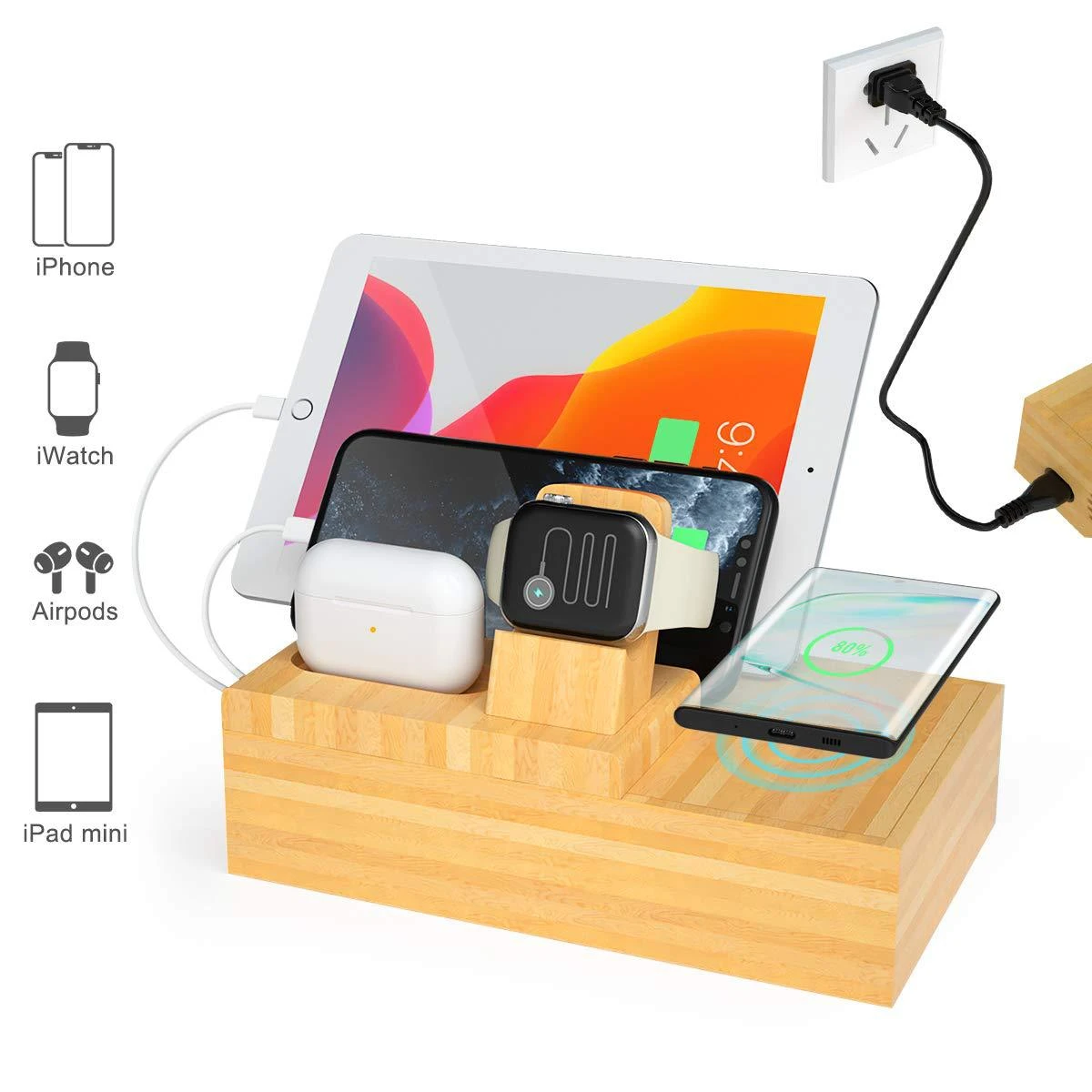 Multi Port Bamboo Charger PD18W Fast Charge/Wireless Charger/USB/Mobile