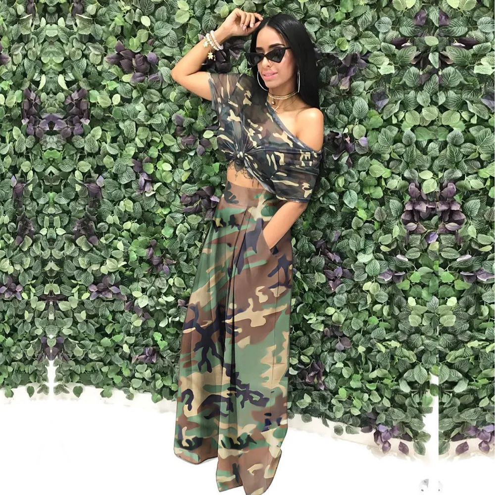 Casual Loose Green Camouflage Women Pants Printing Pucker Pocket High-rise Wide-leg Pants Streetwear Fashion Womens Clothing