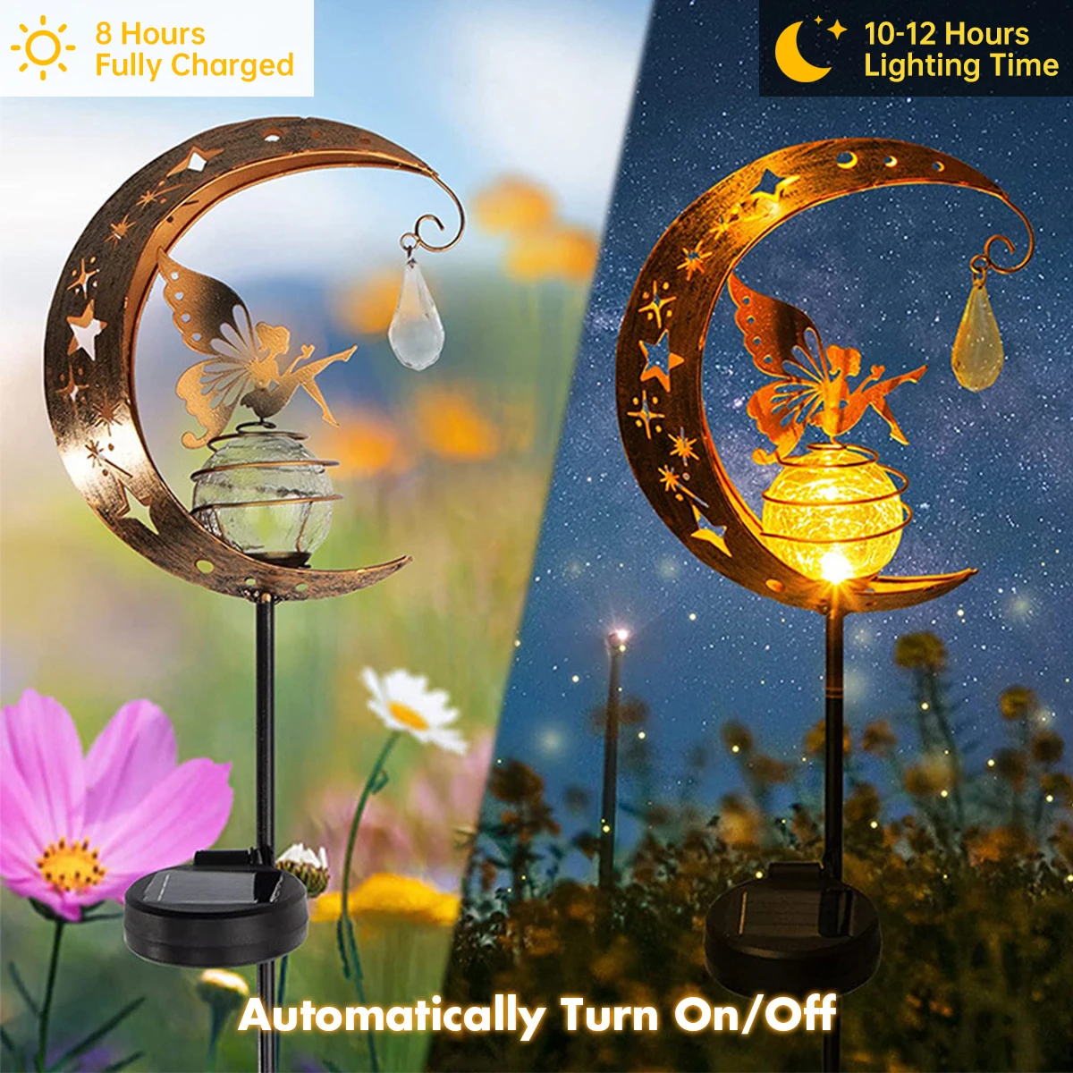 Solar Decoration Light Moon Fairy Lamp Outdoor Garden Crackle Glass Globe with Angel Pathway Stake Light Solar Grdound