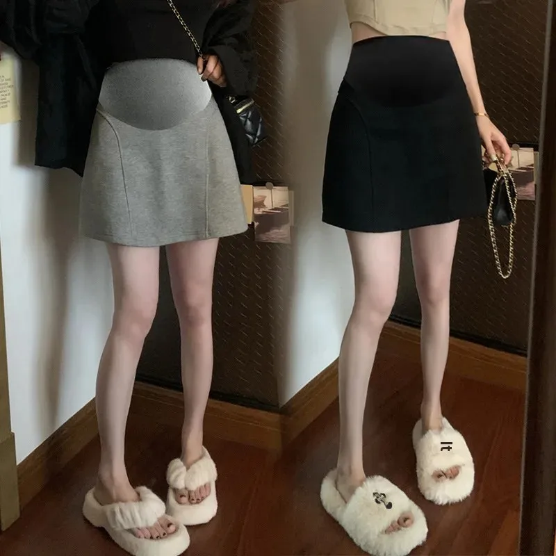 Maternity High Waist A- Line Mini Skirt Grey Women's Autumn Korean Style Anti-Light Slimming Short Skirt for Pregnant Ladies