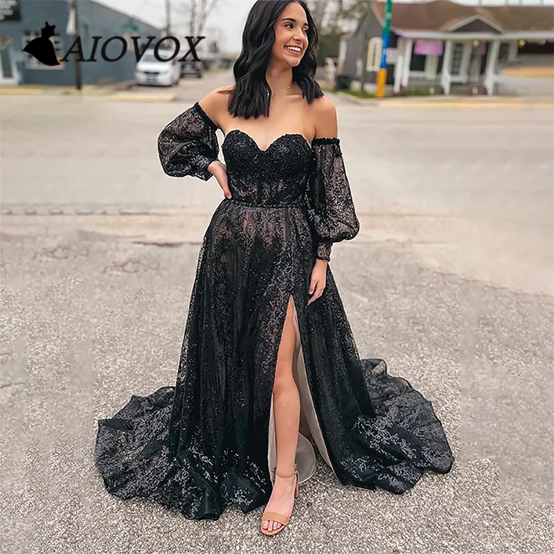 

AIOVOX Prom Dress Lace Appliques Sequin A-line Evening Gown Sweetheart Long Puffy Sleeves Court Train Vestido De Noche for Women