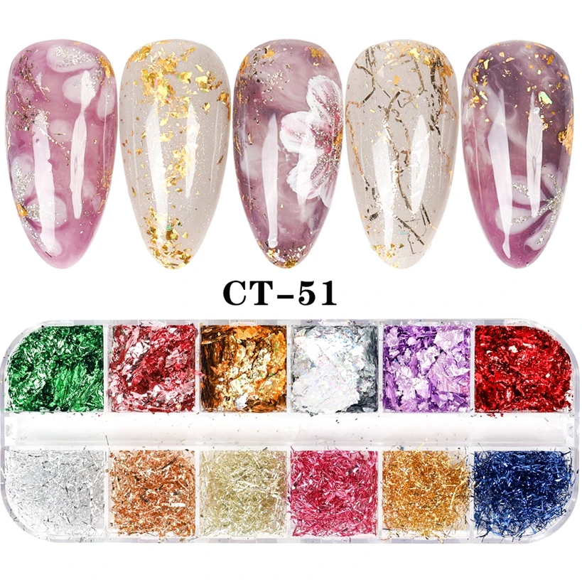 Nail Decoration Nail Decorations Nail Flakes 12 Grids Metallic Holographic Nail Art Colored Gold Foil Paper Flakes Aluminum Nails Decoration Confetti Manicure Supplies Set