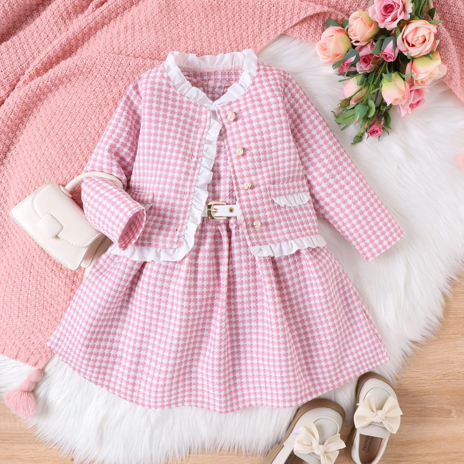 

4-7T Kids Girls Elegant 3Pcs Clothes Sets Ruffled Plaid Coats+Sleeveless Dress With Belt Spring Autumn Fashion Outfits Sets