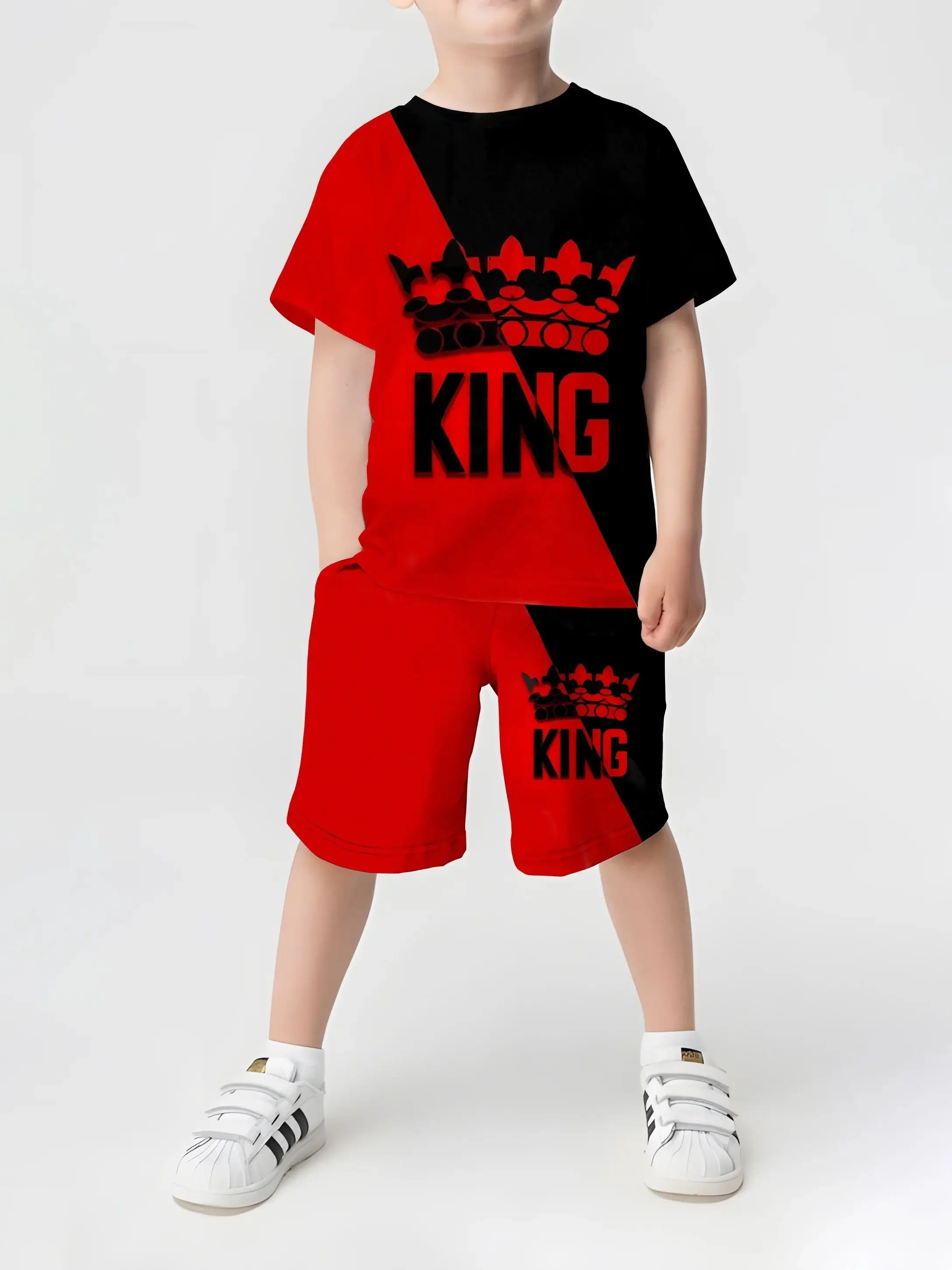 2025 kids summer outfit – short sleeve T-shirt with 3D crown print and shorts for boys and girls. red and black