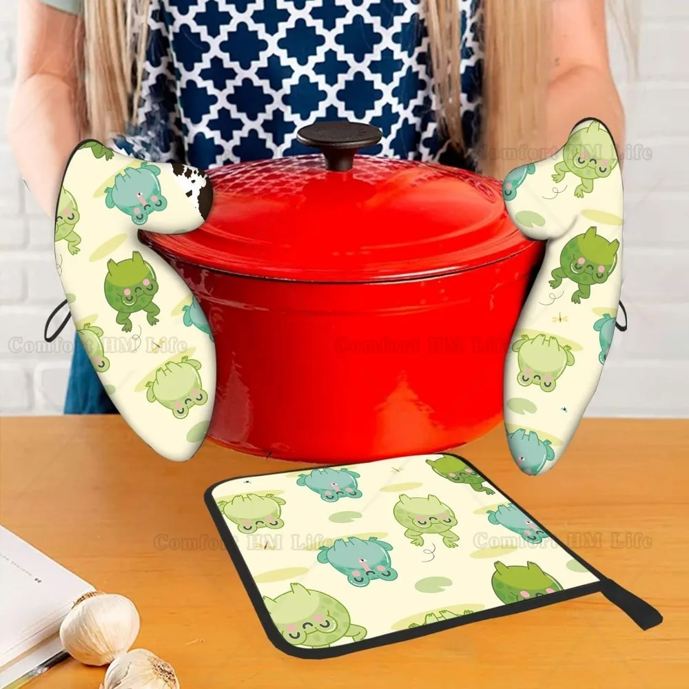 Frog Oven Mitts and Pot Holders Sets 3Pcs Heat Resistant Non-Slip Pure Cotton Microwave Ovens for Baking Cooking BBQ Grilling