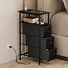 Narrow Side Table with Charging Station, Small Nightstand with 3 Fabric Drawers, Skinny Bedside Table, Slim End Table for 1