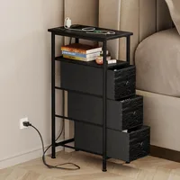 Narrow Side Table with Charging Station, Small Nightstand with 3 Fabric Drawers, Skinny Bedside Table, Slim End Table for 1