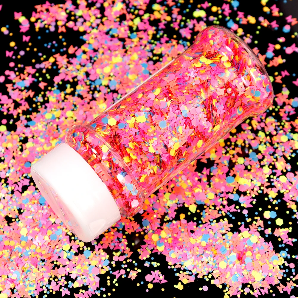 

100G/Jar Nail Flake Sequins Hexagon/Butterfly/Round Mixed Size Flakes Neon Color Glitter Powder Manicure UV Polish Nail Sequins