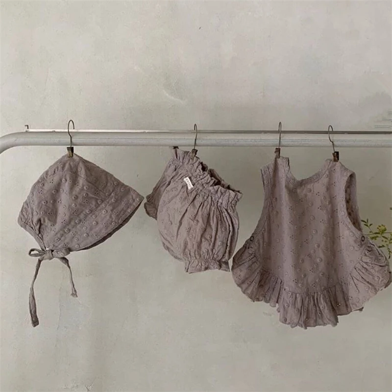 

2023 Summer New Toddler Baby Clothing Sets for Newborns Elegant Embroidery Vest Shorts Hat Cotton Suit Kids Clothes Girls Outfit