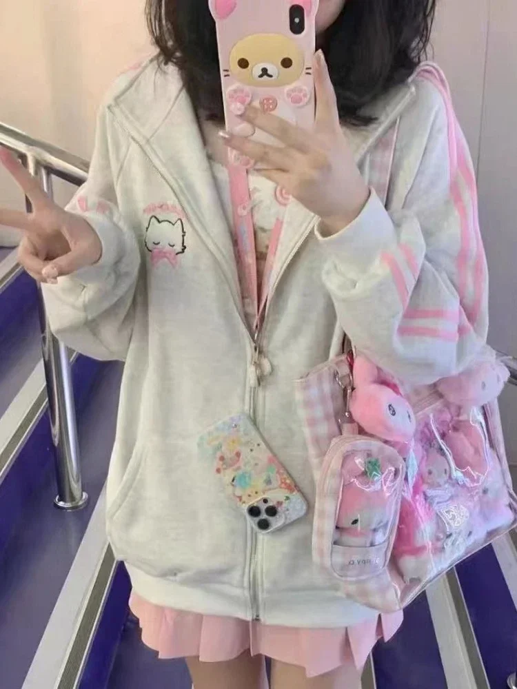 HOUZHOU Japanese Fashion Kawaii Zipper Hoodie Women Harajuku Cute Pink Cat Embroidery Oversized Hooded Sweatshirt  Winter 2023