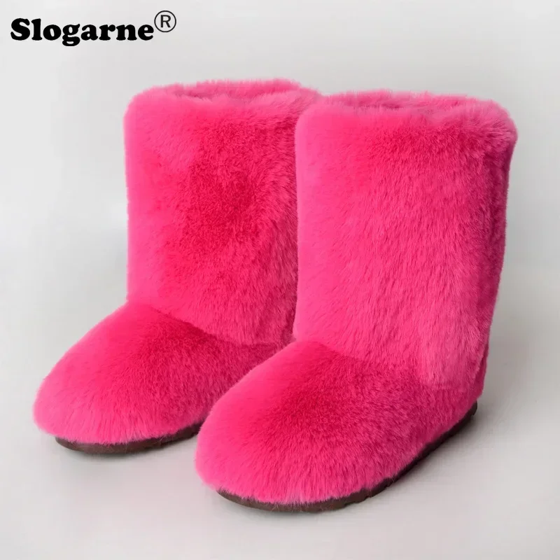 

Women New Snow Boots Outdoor Fashion Faux Rabbit Fur Boots Female Fluffy Luxury Furry Bottes Warm Mid-Calf Plush Winter Shoes