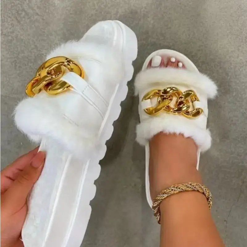 

Designer Slippers Fur Princetown Mules Flats Women Loafers Sandals Casual Shoes Metal Chain Shoe