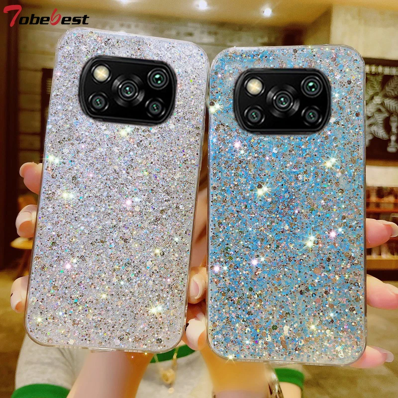 Capa de silicone com glitter brilhante para Xiaomi POCO X3 NFC M3 Pro Coque Folha de prata dourada capa traseira macia_voghion.com