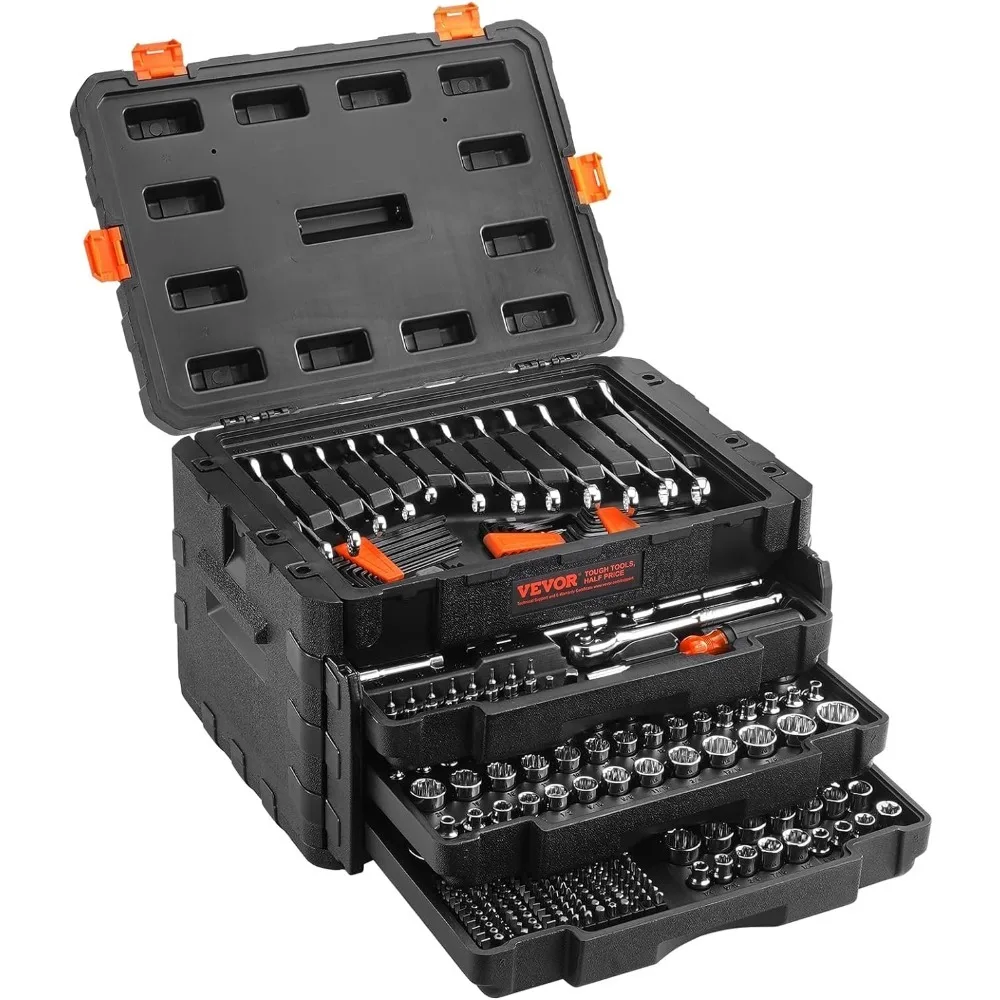 

Mechanics Tool Set and Socket Set, 1/4" 3/8" 1/2" Drive Deep and Standard Sockets, 450 Pcs SAE and Metric Mechanic Tool Kit