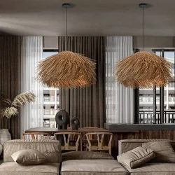 Vintage Brown Rattan Pendant Lamp Minimalist Wabi Sabi Style Chandeliers for Living Room Dining Room Restaurant Decor Luminaire