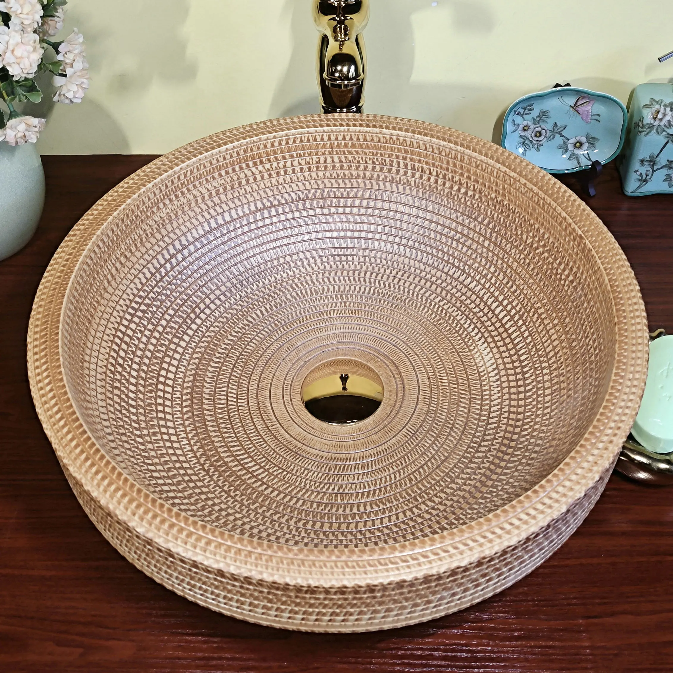 MAEBOW Popular Log Color Engraved Ceramic Semi-Counter Wash Basin Home Decor Renovation Round Restroom Countertop Bathroom Sink 4