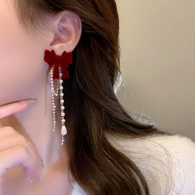 New Wine Red Velvet Rose Pearl Earrings for Women Vintage Red Rose Elegant High-end Studs Earrings Jewelry Accessories Gifts