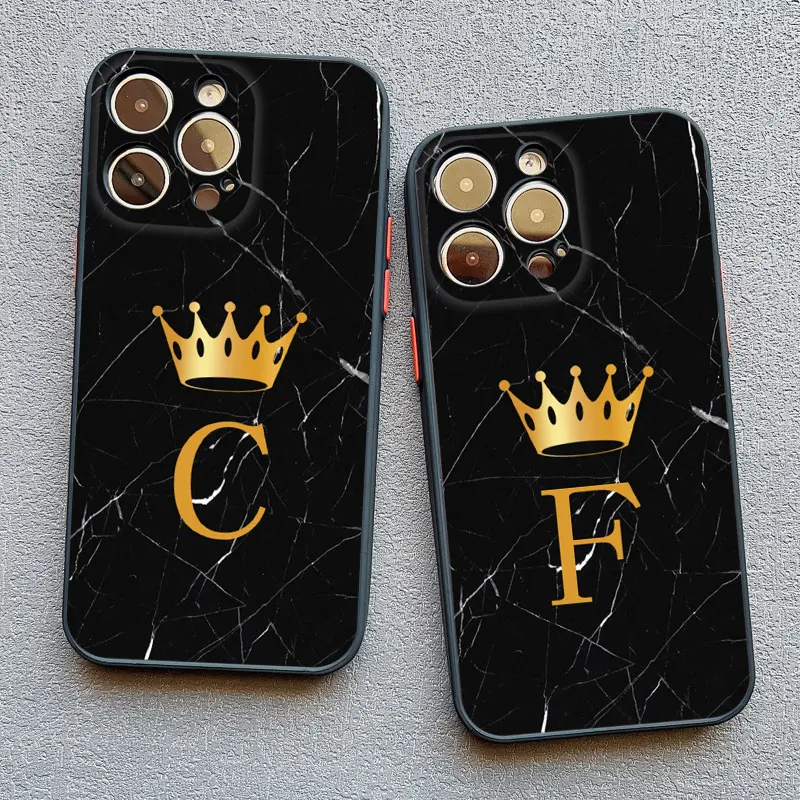 Crown Letter A To Z Phone Case For Iphone 13 14 15 Pro Max 11 12 8 7 Plus SE2020 X XR XS Marble Pattern Black Shockproof Cover