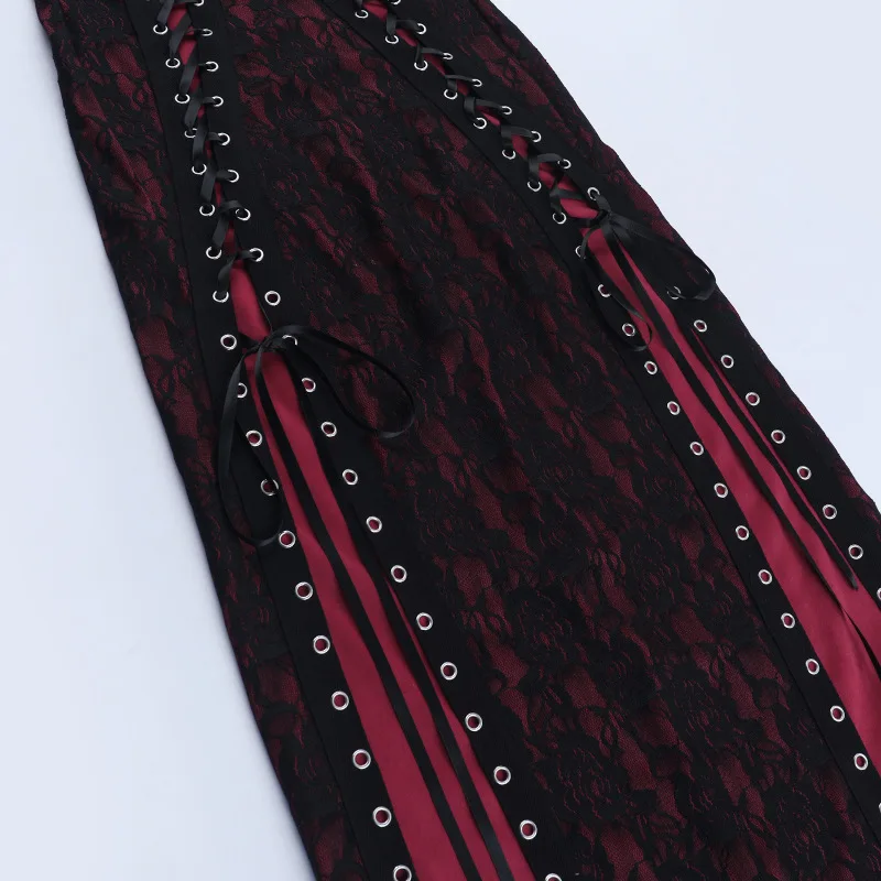 Goth Dark Women Partywear Mall Gothic Lace Patchwork Straps Dresses Y2K Coquette Gown Mall Gothic Slim Bandage Split Hem Dress