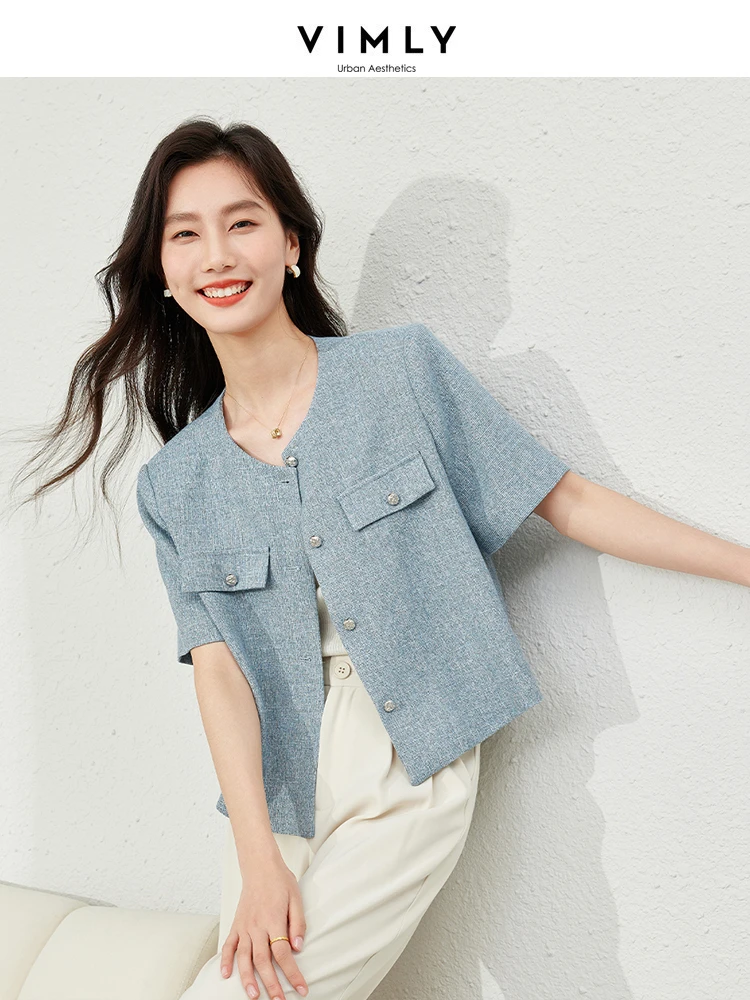 Vimly Blue Round Neck Short Sleeves Tweed Jacket 2024 Spring New Office Lady French Style Elegant Cropped Coat Outerwear M5978 metersbonwe cropped shirt women summer short sleeves loose woven blouses new 100cotton pocket short tops brand tee