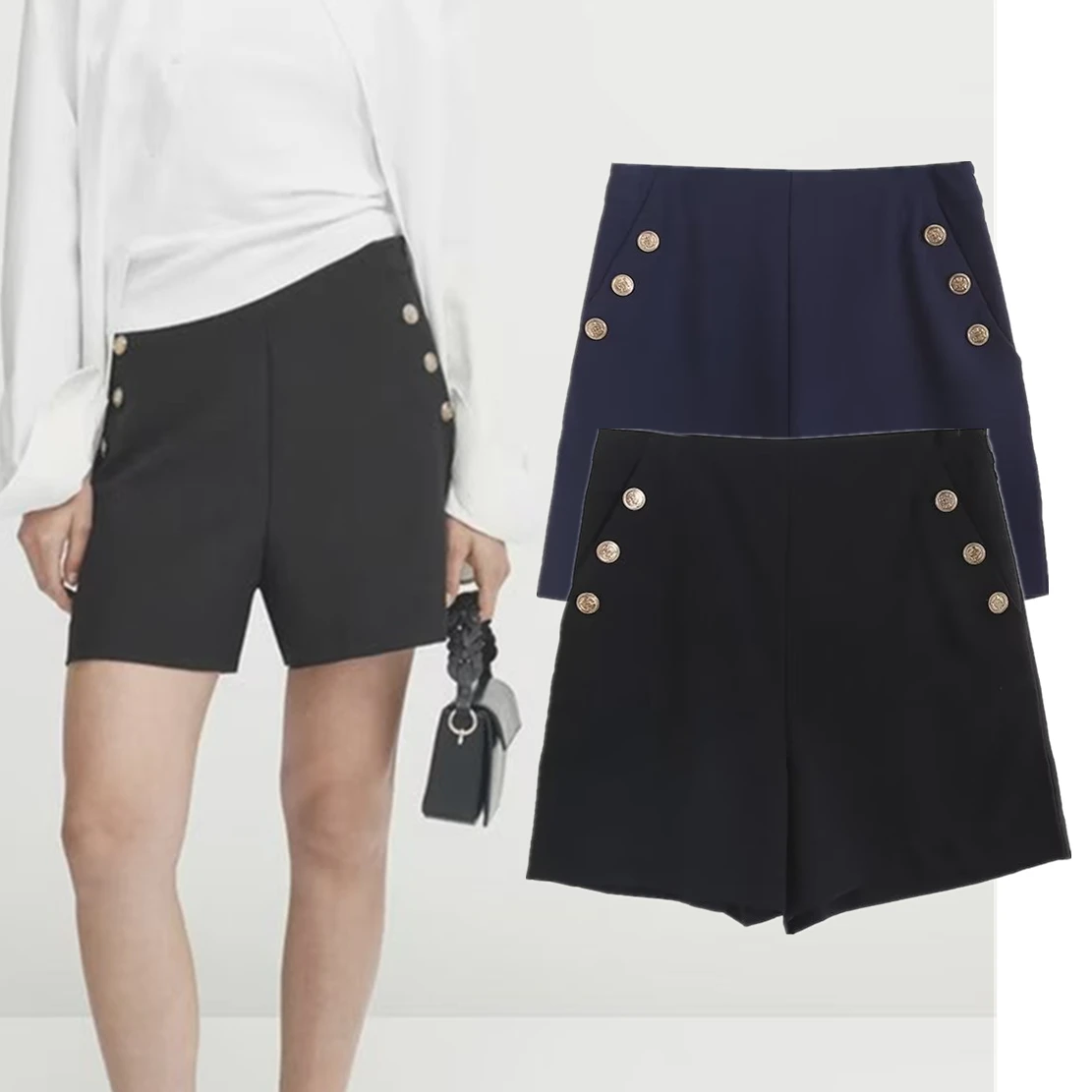 Jenny&Dave Commuting Simple Elegant Casual Bermuda Shorts Women British Ladies Double Breasted High Waist Shorts