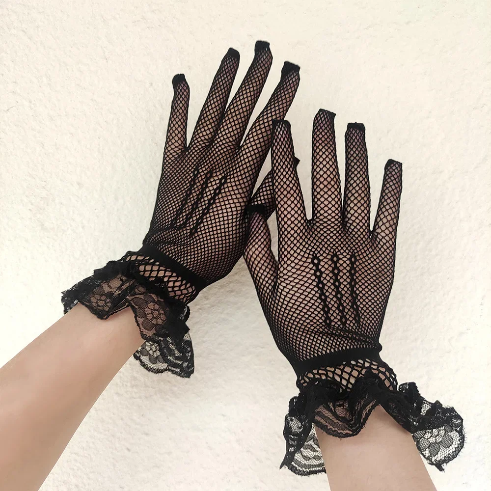Women Black White Summer UV Protection Driving Gloves Thin Fishnet Gloves Fashion Ruffled Full Finger Lace Gloves