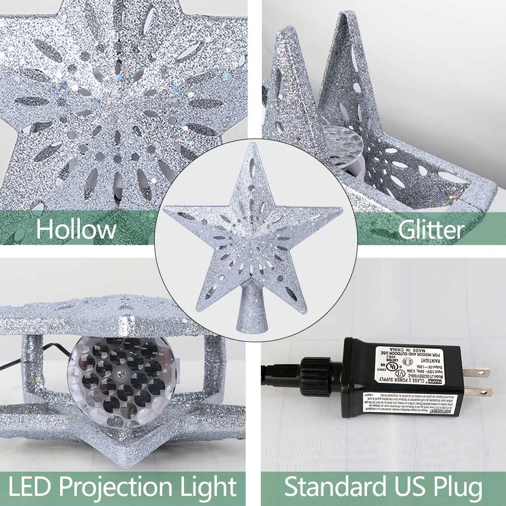 Christmas Star Decoration Christmas Tree Topper Lighted Star Tree Topper with Rotating Snowflake Projector Lights Glitter Hollow Star