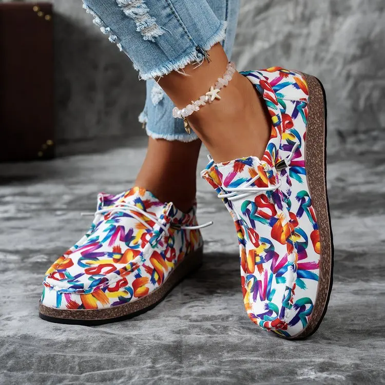أحذية نسائية كاجوال من القماش للربيع، مطبوعة بنقوش زهور، نعل سميك مريح، أحذية خفيفة الوزن سهلة الارتداء للسيدات للاستخدام اليومي