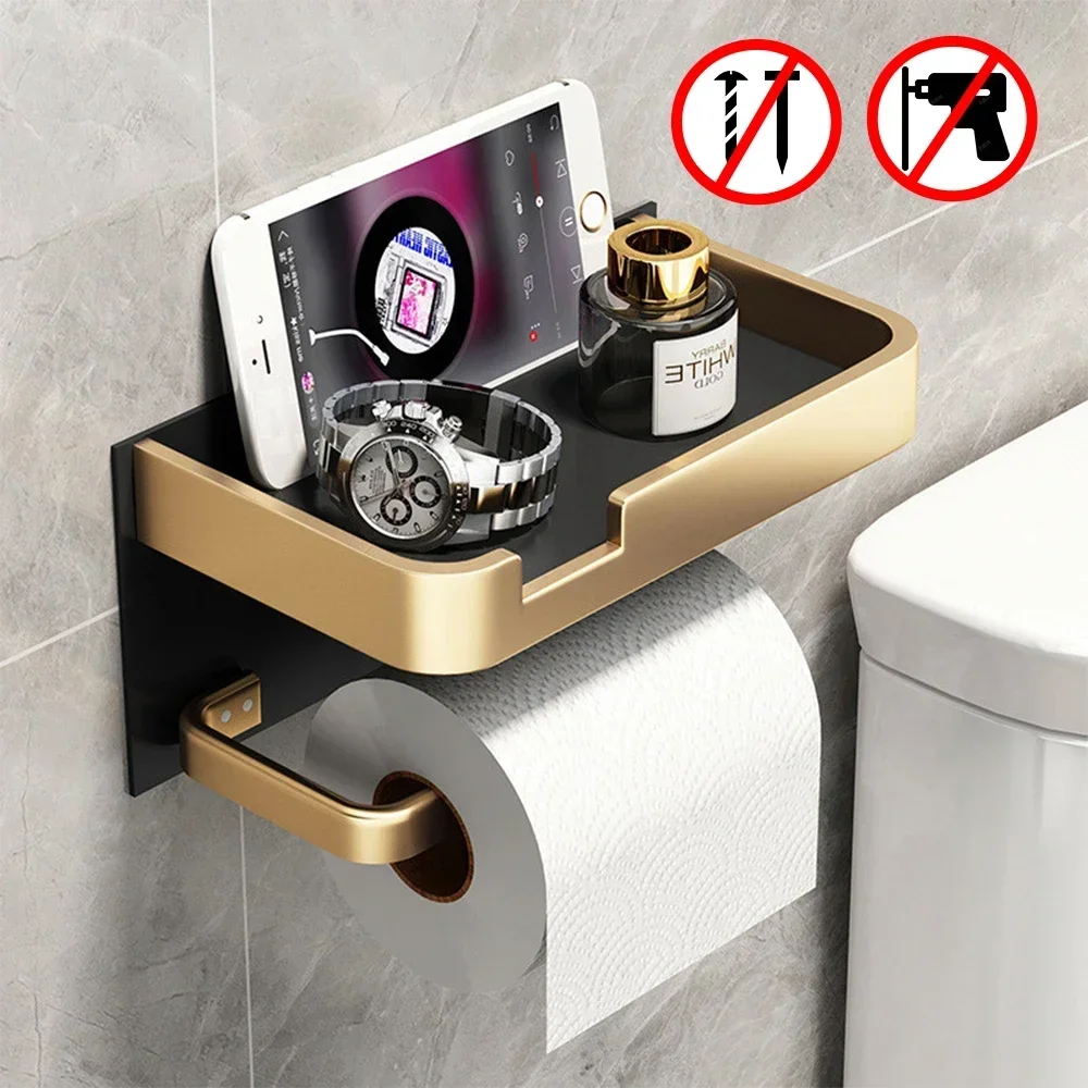 

Toilet Paper Roll Holder with Shelf Aluminum Toilet Paper Dispenser No Drill Tissue Hanger Toilet Bathroom Accessories