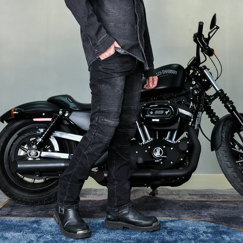 롱 바이커 유니섹스 빈티지 오토바이 청바지 (보호 장비 포함), 신축성 있는 낙상 방지 캐주얼 바이커 라이딩 팬츠