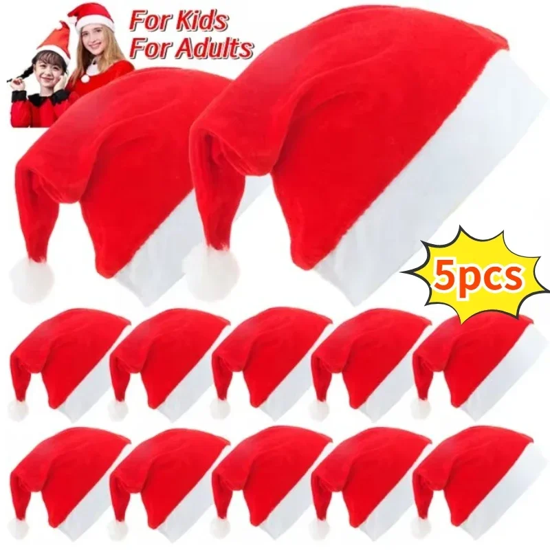 Thickened Plush Christmas Hat Adults Kids Soft Velvet Santa Claus Caps Hats Xmas New Year Festival Party Decor Gitfs 5/1PCS
