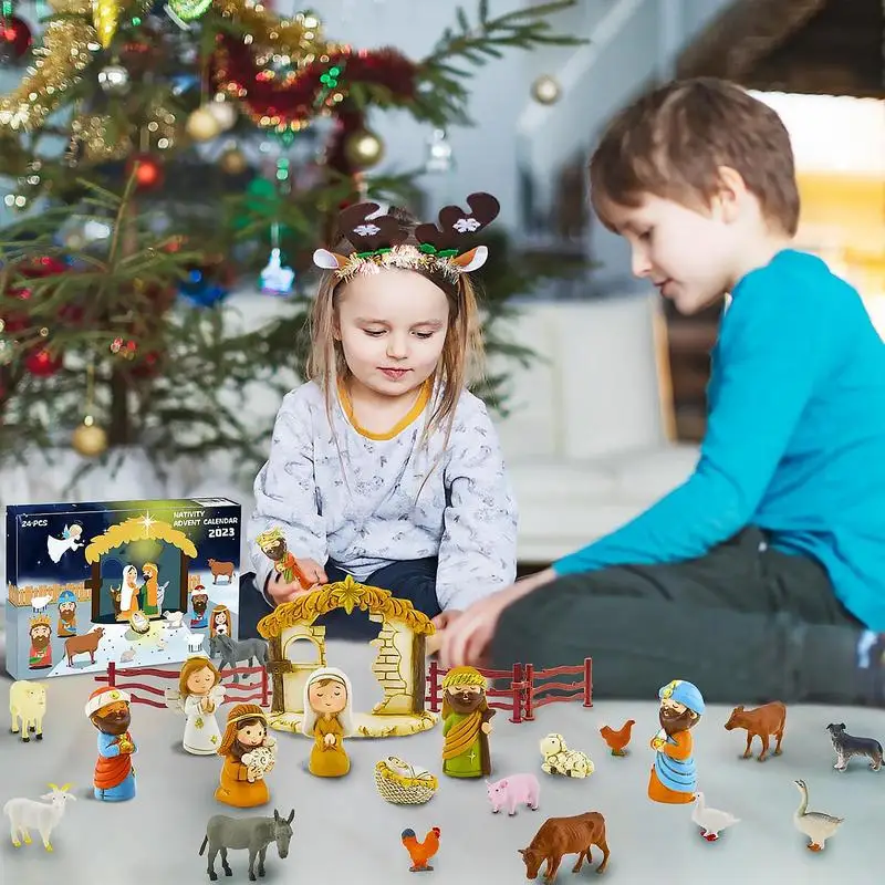 Nativity Advent Calendar 24pcs Nativity Scene Resin Colorful Statue Set Christmas Countdown Calendar Toy for Festival Decor