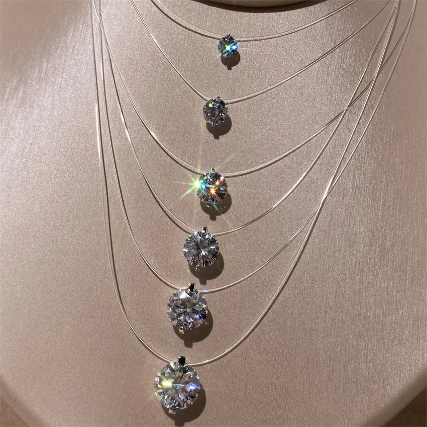Silver necklace moissanite necklace Tbestone 1ct Moissanite Diamond S925 Sterling Silver Invisible Transparent Fishing Line Clavicle Chain Necklace Women's Jewelry
