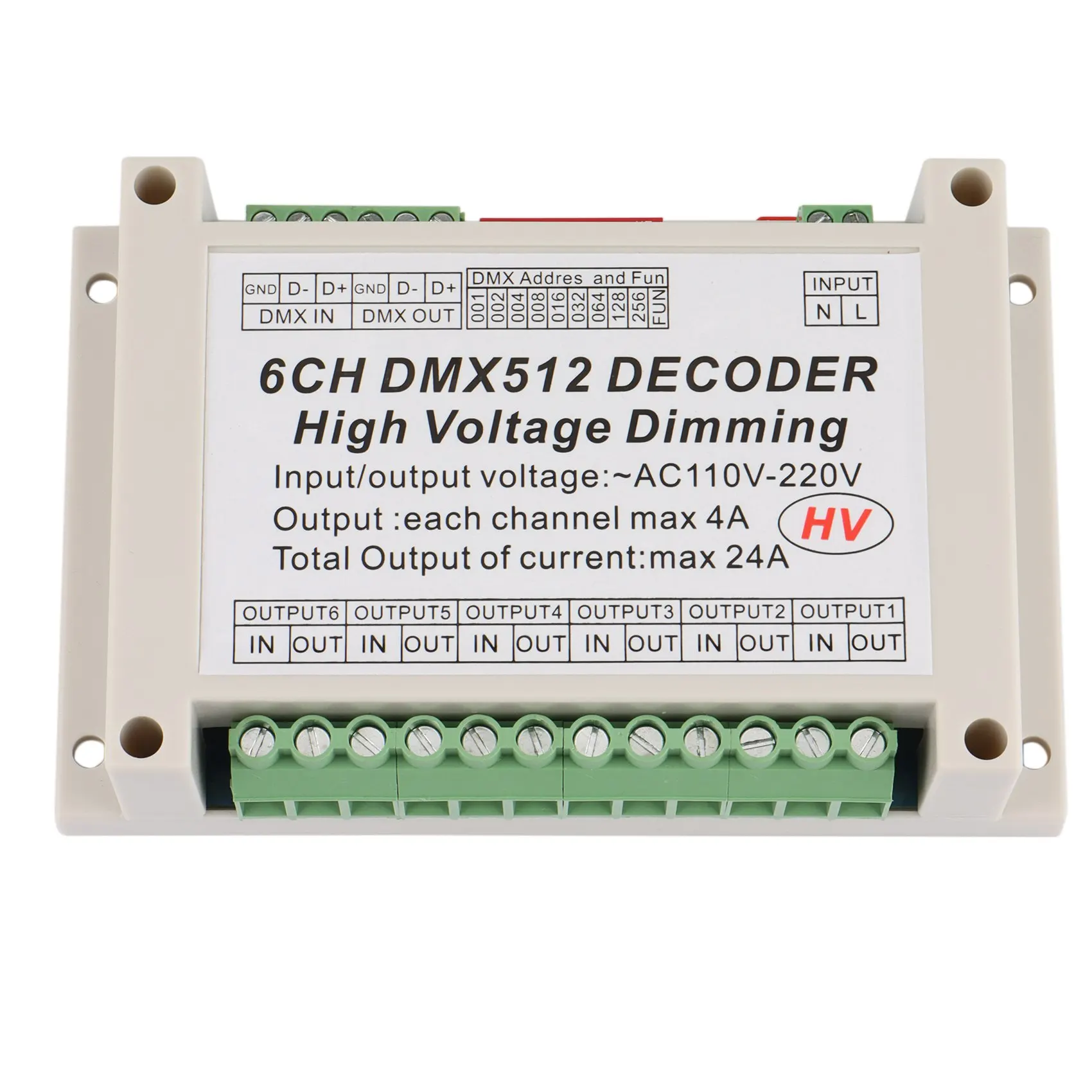 

AC110V - 220V High Voltage Dimming 6CH DMX512 Decoder 6 Channels DMX 4A/CH HV Decoder Dimmer Board for Lights Bulb