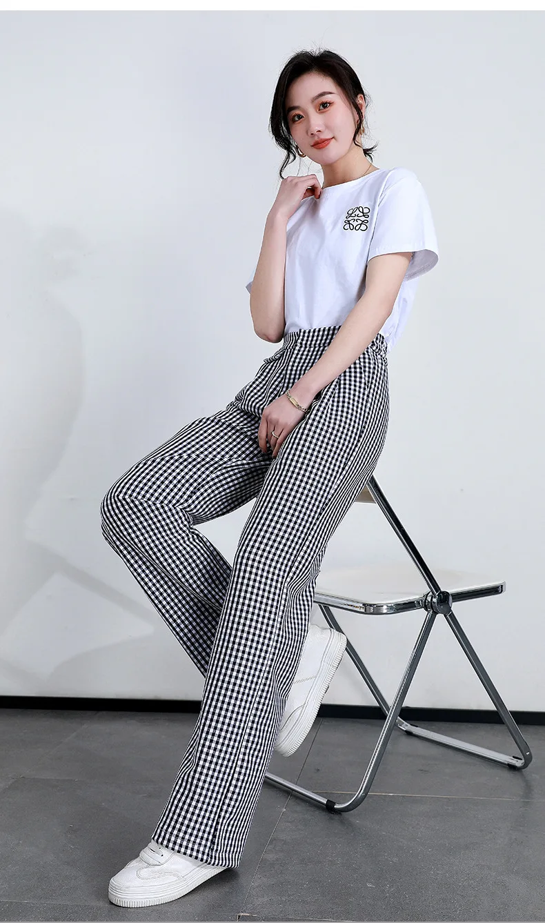 women's fashion 2022 New Elastic Band Waist Pleated Loose Cotton Long Plaid Pants Women Lengthened Long Spring Autumn Trousers Oversize 22113 bell bottom jeans