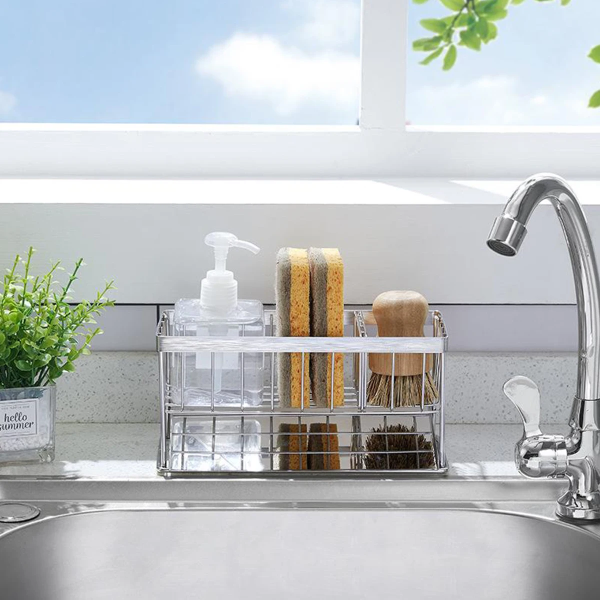 Sink sponge Holder 304 stainless steel,Soap Dispenser Brush Drainer Rack Organizers with Removable Drain Tray for Kitchen 4