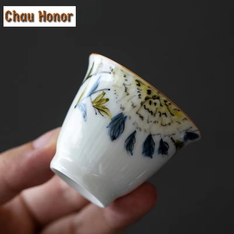 2pc/set White Porcelain Hand-painted Hydrangea Vertical Pattern Tea Cup Kung Fu Tea Set Master Cup Ceramic Trumpet Tea Cup 35ml