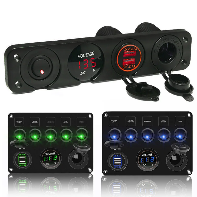 LED Rocker Switch Panel With Digital Voltmeter Dual USB Port 12V Outlet Combination Waterproof Switches For Car Marine Boat