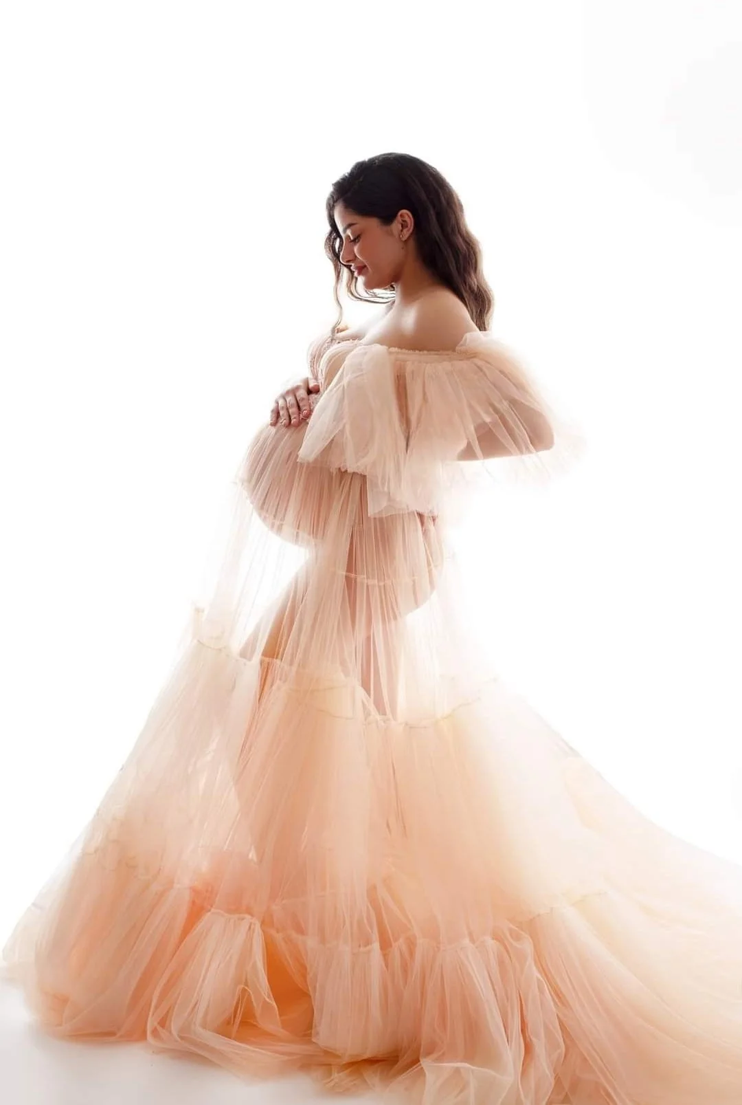 

Illusion Sheer Maternity Dress for Photoshoot Off The Shoulder Full Sleeves Gala Robes for Pregnancy Tulle Babyshower Vestidos