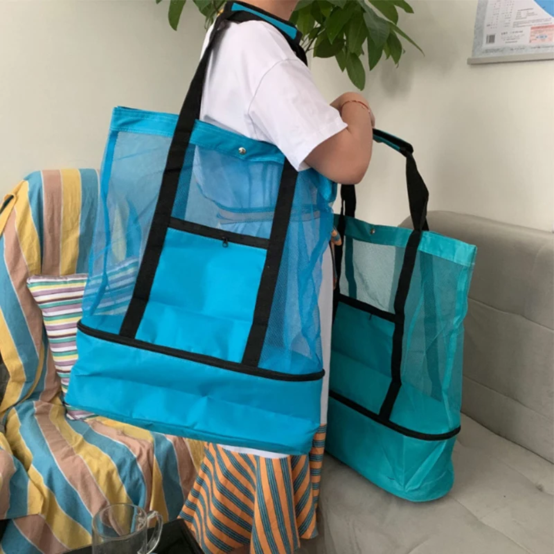 Large Pockets Beach Bag For Towels Mesh Shoulder Bags For Toys Waterproof Large Capacity Shopper Tote Bag Summer Storage