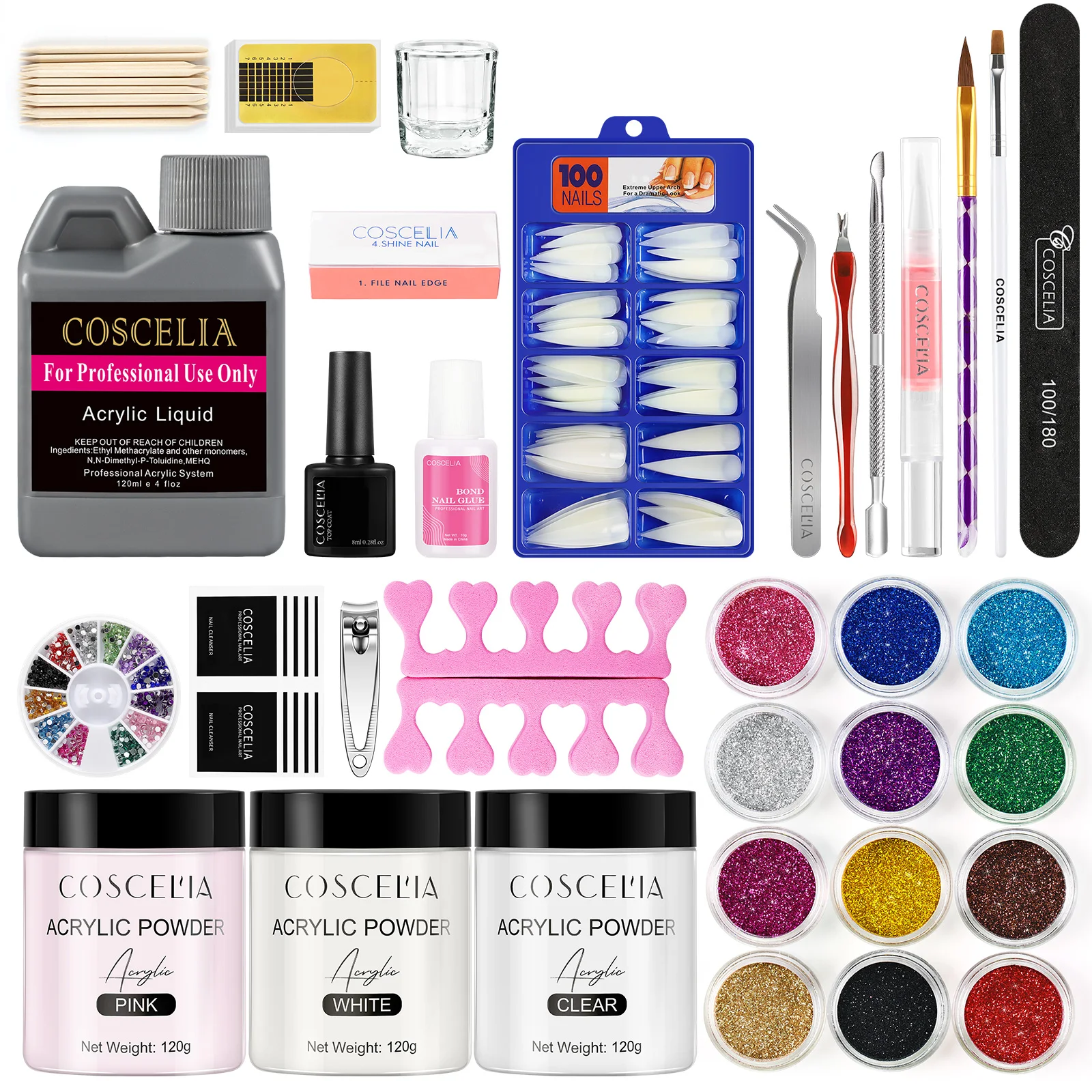 Coscelia 120g Acrylic Nail Kit Crystal Powder Liquid Brush Tips Tools