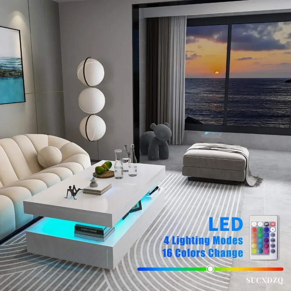 LED Coffee Table, White Modern High Gloss Coffee Table with RGB Light, Rectangular Coffee Table with Remote Control for Living 3